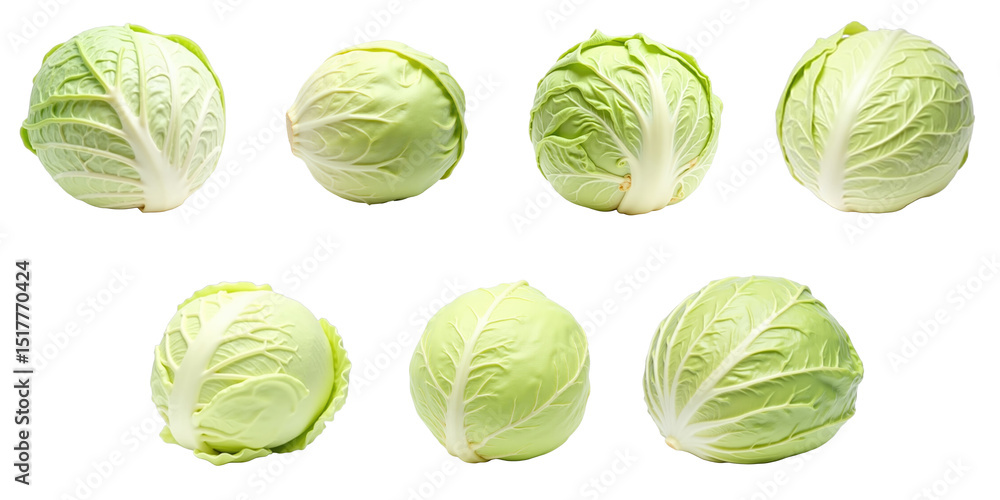 Aufkleber various angles of fresh green cabbage heads isolated on a transparent background showcasing detailed