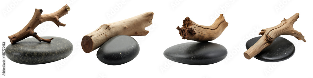 Poster close-up of various pieces of driftwood arranged on smooth flat river stones isolated on a transpare
