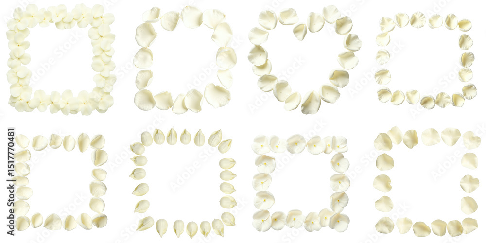 Poster set of eight frames created from delicate white rose petals arranged in various shapes including squ