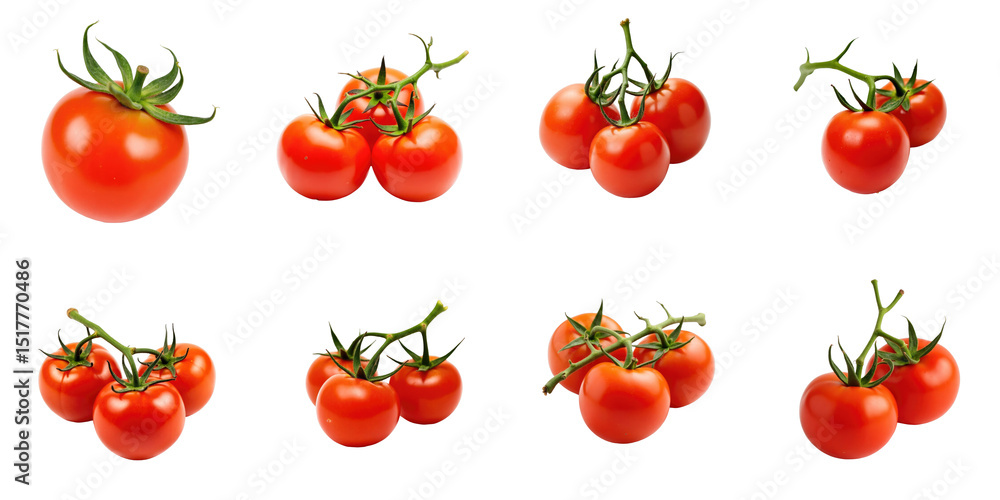 Poster various fresh cherry tomatoes on branches displayed against a transparent background showcasing diff