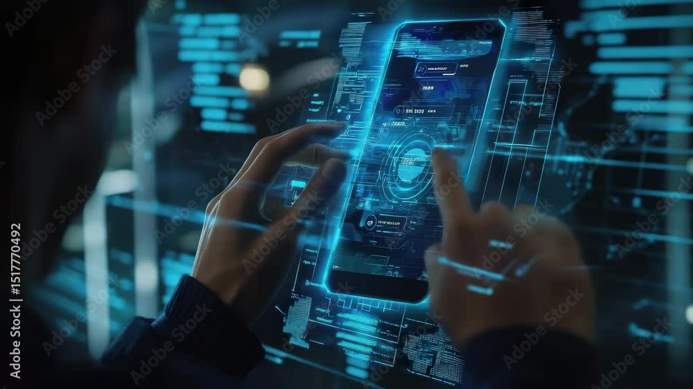 Poster A person interacts with a futuristic, glowing digital interface on a transparent smartphone in a high-tech environment.