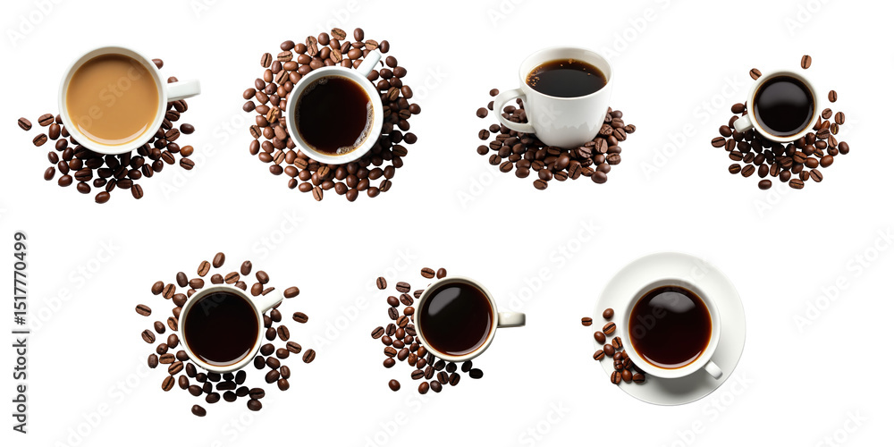 Poster various coffee cups filled with different types of coffee surrounded by coffee beans on a transparen