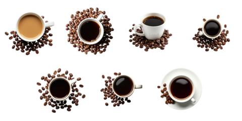 Various coffee cups filled with different types of coffee surrounded by coffee beans on a transparent background displaying an isolated collection of beverage options