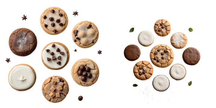 assorted cookies on transparent background arranged in a circular pattern featuring chocolate chip cookies frosted cookies and various flavors isolated against a transparent surface