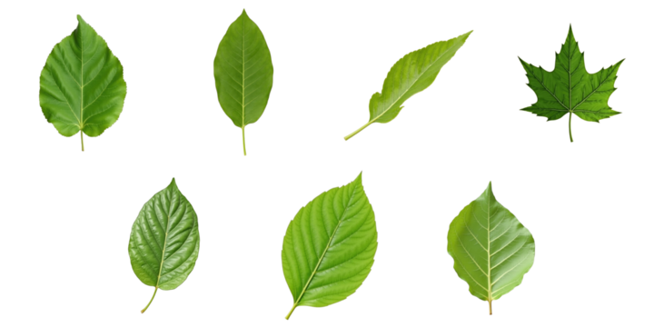 Various green leaf types isolated on transparent background showcasing different shapes and textures including broad, serrated, and lobed leaves arranged in an artistic manner