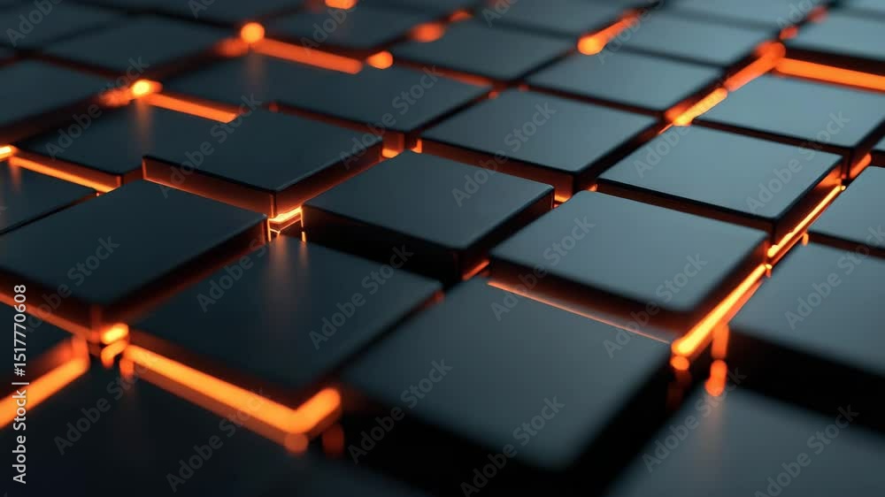 Aufkleber Dark square tiles with glowing orange light emanating from the gaps, creating a futuristic and high-tech atmosphere.