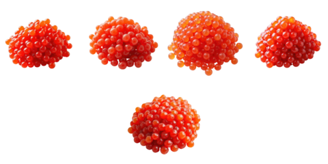 close up of multiple clusters of vibrant red caviar isolated on a transparent background displaying a glossy texture and intricate details of fish eggs