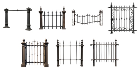 Collection of various styles of forged fences and gates with intricate designs, isolated on transparent background, featuring both ornate and simple structures, suitable for architectural visualiza...