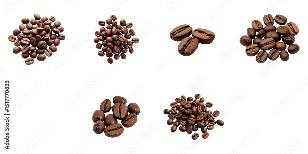 Poster various arrangements of roasted coffee beans isolated against a transparent background featuring clo