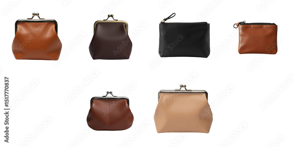 Poster collection of leather coin purses and small wallets in various colors on a transparent background, f