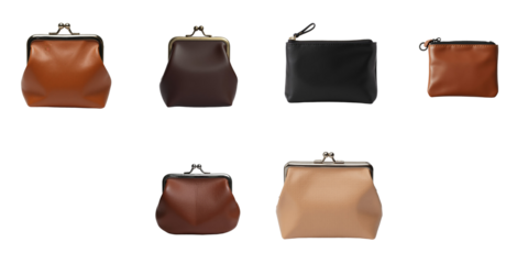 collection of leather coin purses and small wallets in various colors on a transparent background, featuring multiple styles and shapes, isolated for display