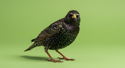 Striking Starling Portrait on a Vibrant Green Backdrop Detailed Plumage Display