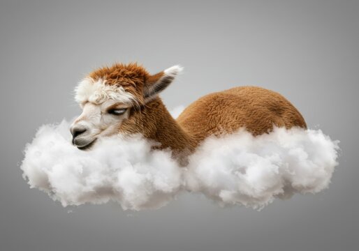 Tranquil alpaca amidst fluffy clouds, dreamy and surreal animal portrait - Powered by Adobe