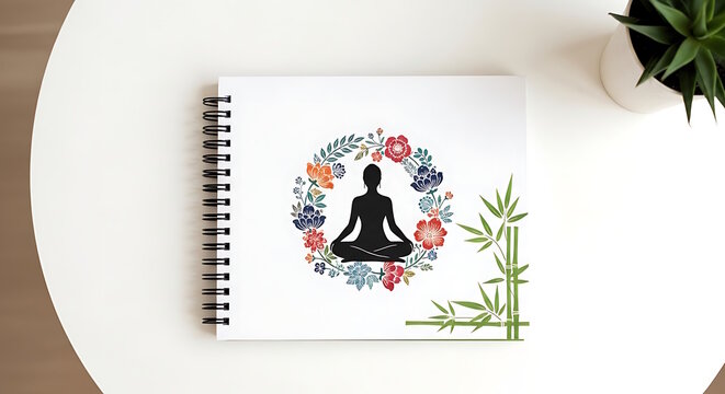 Elegant Spiral Notebook Featuring a Vibrant Botanical Mandala Art and a Tranquil Yoga Pose Silhouette Adorned with Green Bamboo Accents Ideal for Daily Journaling and Sketching