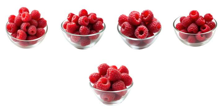 Fresh ripe raspberries arranged in glass bowls isolated on a transparent background showing a variety of berry placements in transparent containers.