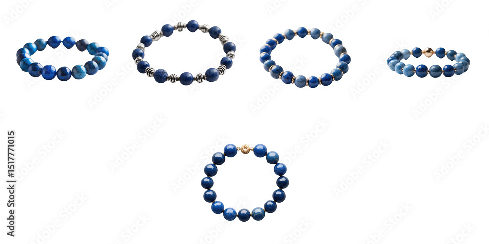 Poster collection of five blue stone bracelets displayed on a transparent background showcasing various des