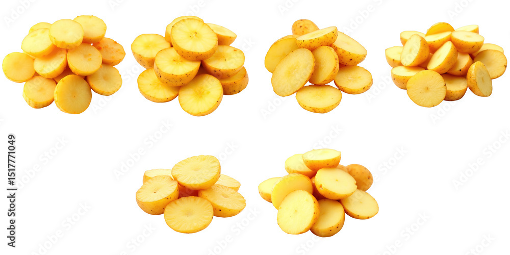 Poster close up view of multiple stacks of golden fried potato slices isolated on a transparent background 