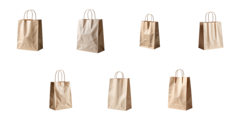 Multiple views of a plain paper bag with twisted handles isolated on a transparent background exhibiting various positions and original shadows.