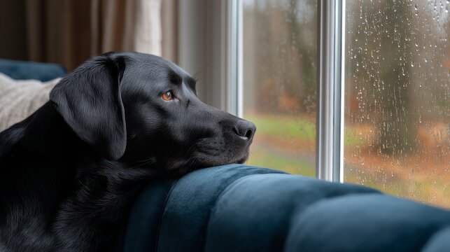 Black labrador relaxing by rainy window