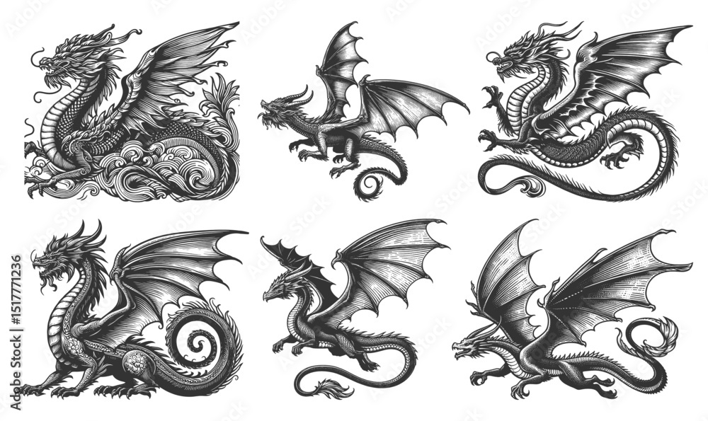 Poster dragon set collection bundle sketch engraving generative ai vector illustration. scratch board imita