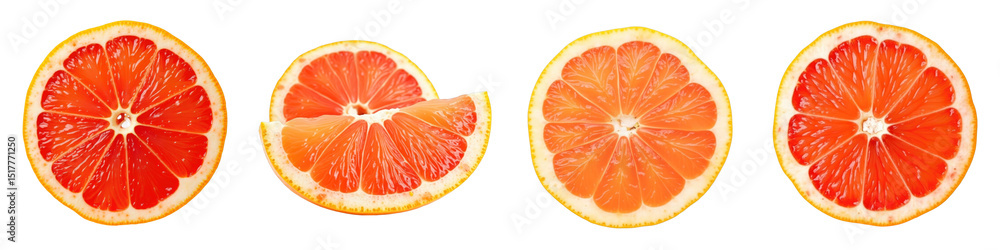 Poster freshly cut grapefruit slices arranged on a transparent background showcasing vibrant red and yellow