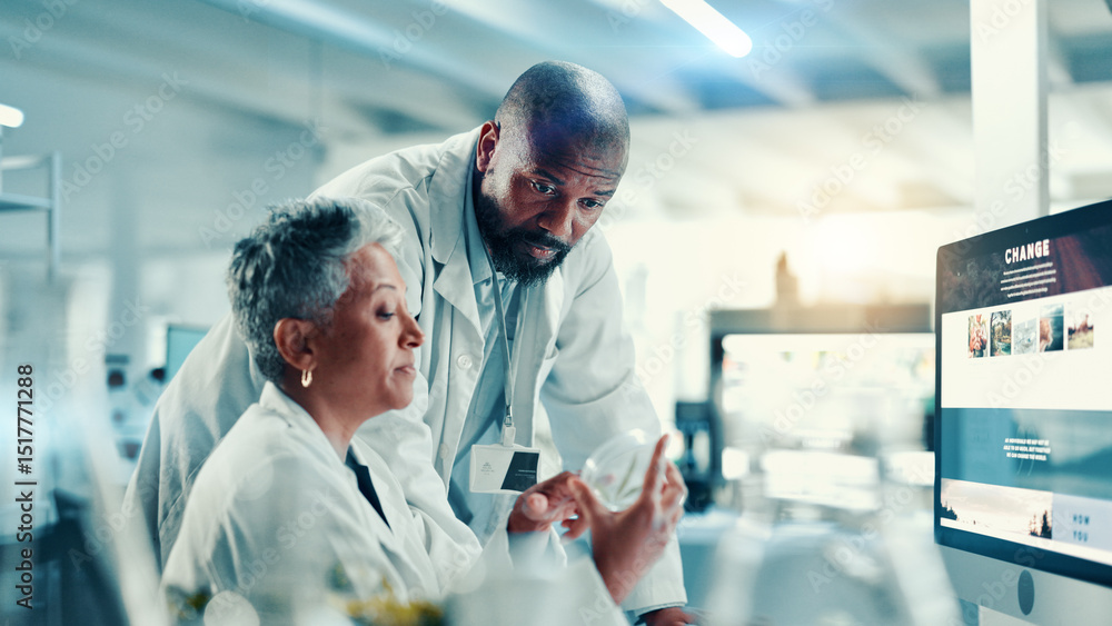 Poster collaboration, computer screen and marijuana with scientist people in laboratory for research. healt