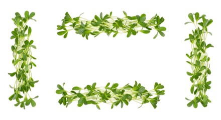 Fresh fenugreek microgreens arrangement forming frame on clean white background