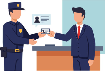 Security in school: Police officer handing ID to a businessman at desk  