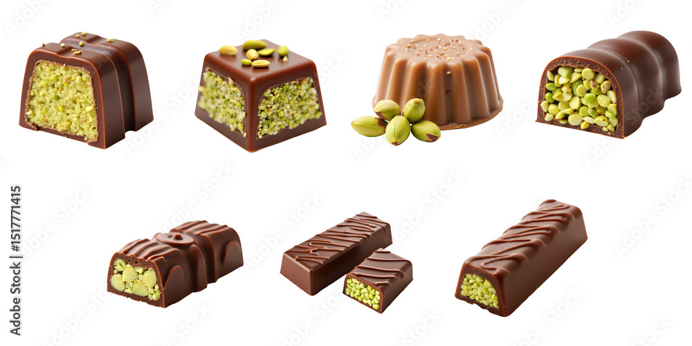 Aufkleber assorted chocolate confections filled with pistachio kunafa on a transparent background featuring mu
