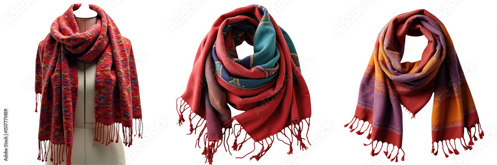 Poster textured colorful scarves displayed on a transparent background showcasing vibrant patterns and frin