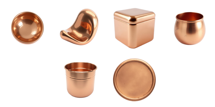 various copper objects including a bowl, container, curved piece, cylinder, and a rounded pot isolated on a transparent background for design applications