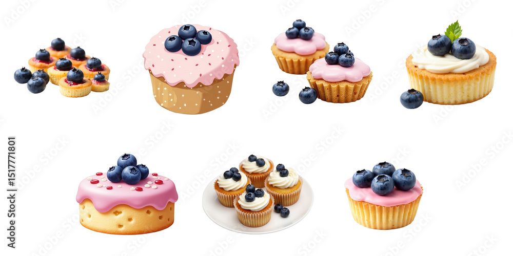 Poster assorted cakes and cupcakes topped with fresh blueberries on a transparent background featuring vari