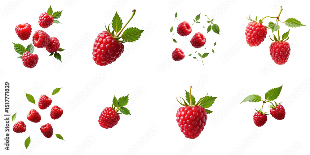 Poster collection of ripe juicy raspberries with leaves displayed on a transparent background arranged in v