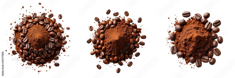 Poster coffee beans and ground powder arranged in three clusters on transparent background featuring contra