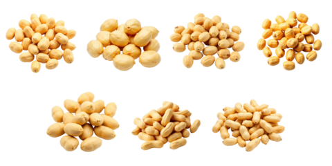 Variety of boiled peanuts in different piles arranged on a transparent background showcasing their texture and detail with no distractions or additional elements