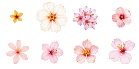 Various colorful flower blossoms isolated on transparent background, including pink and yellow petals in different shapes and sizes, highlighting floral diversity.