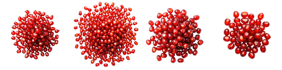 Close up of pomegranate seeds arranged in various clusters on a solid transparent background showcasing their vibrant color and texture with clear isolation
