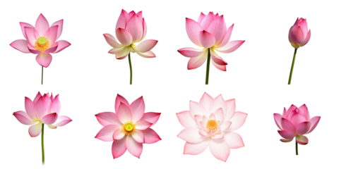 Collection of pink lotus flowers in various stages of bloom isolated on transparent background with detailed textures and natural colors