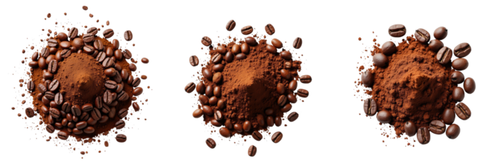 Coffee beans and ground powder arranged in three clusters on transparent background featuring contrasting textures and natural color variations of the coffee elements.