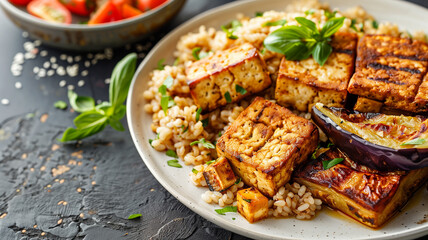 Fototapeta premium This Savor a wholesome plate with grilled tofu, grains, and fresh vegetables, perfect for balanced meals.