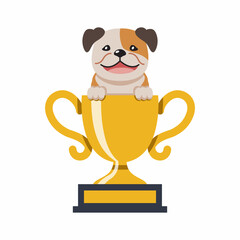Cartoon character bulldog with gold trophy cup award
