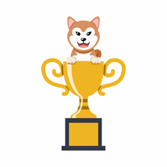 Cartoon character akita inu dog with gold trophy cup award