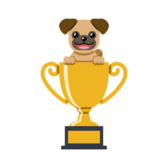 Cartoon character pug dog with gold trophy cup award