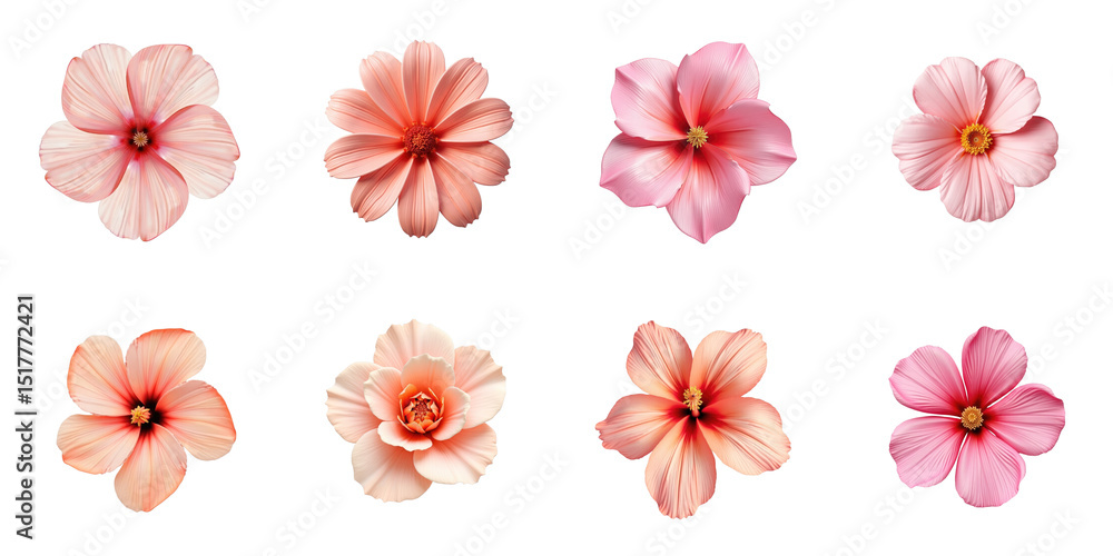 Poster collection of eight distinct pink and peach flowers arranged in two rows on a transparent background