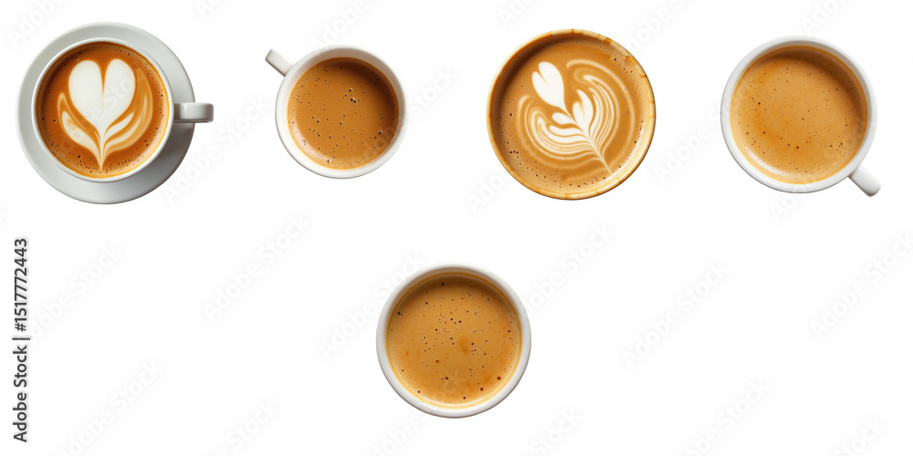Aufkleber various coffee cups with latte art top view isolated on transparent background showcasing different 