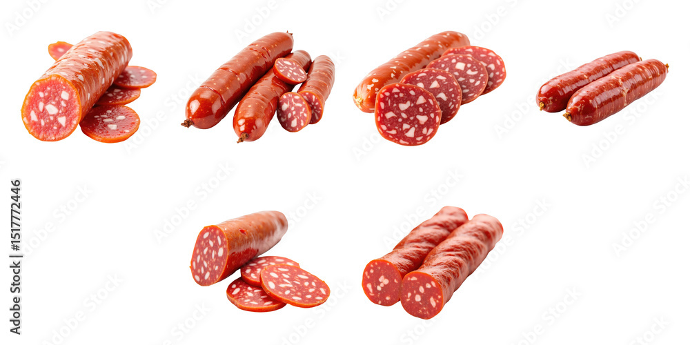 Poster assorted types of cold salami and smoked sausage displayed on a transparent background with close-up