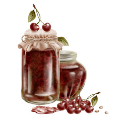 glass jam jars with a textile lid and a twine bow, cherries with leaves and twigs,cherry pitted and a puddle of jam. Watercolor handdrawn isolated clip art for cookbooks, seasonal arrangements.
