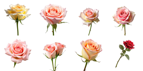 Assorted collection of eight vibrant roses in various colors including yellow, pink, and red on a transparent background, isolated for easy use in designs or presentations.