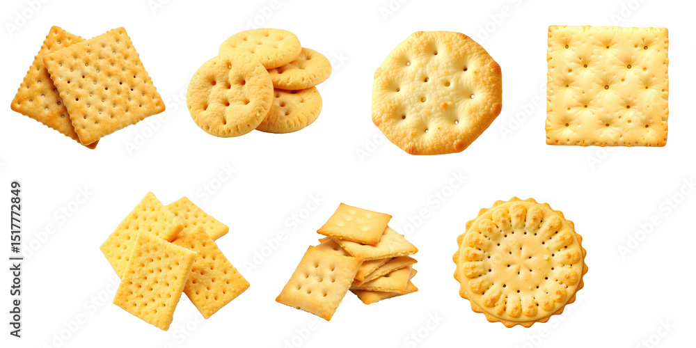 Poster assorted crispy crackers in various shapes and sizes including square, round, and hexagonal, display