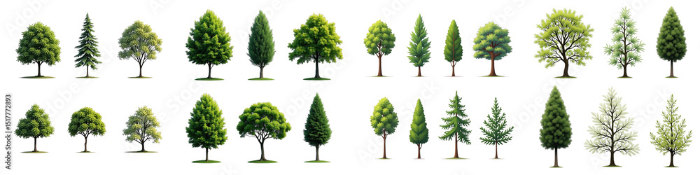 Poster collection of various types of trees isolated on transparent background including conifers and broad